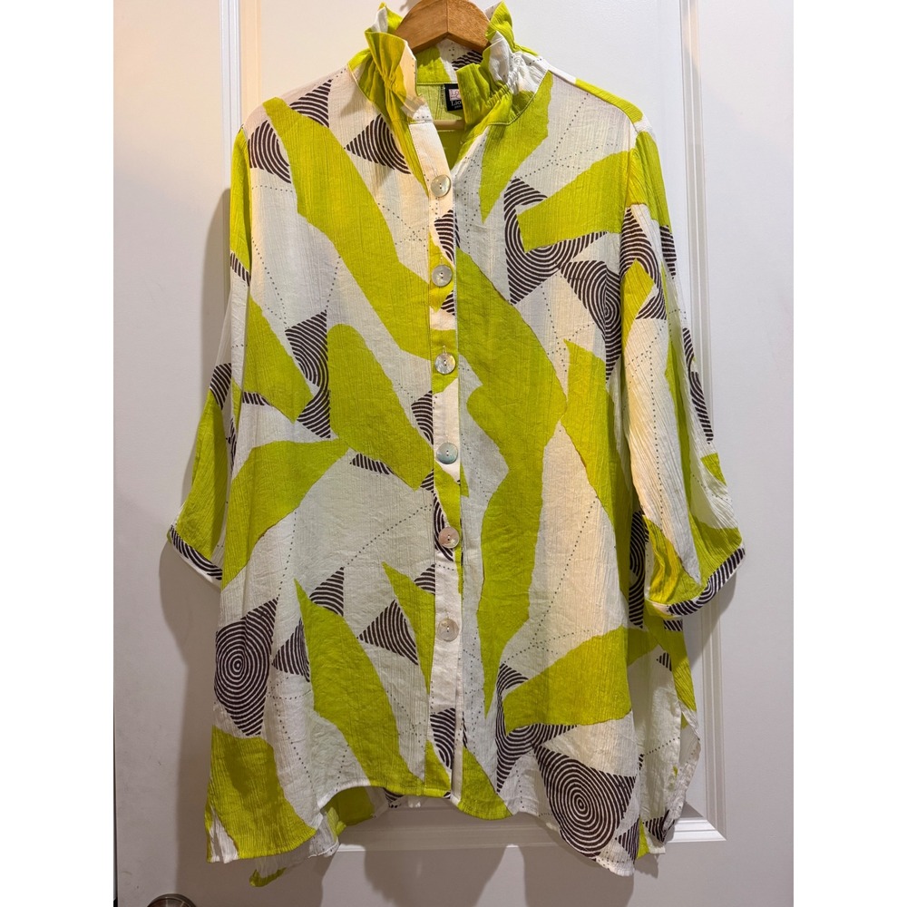 Lior Paris Dora Abstract Geometric Ruffle Collar Button Back Tunic XL Lime Green